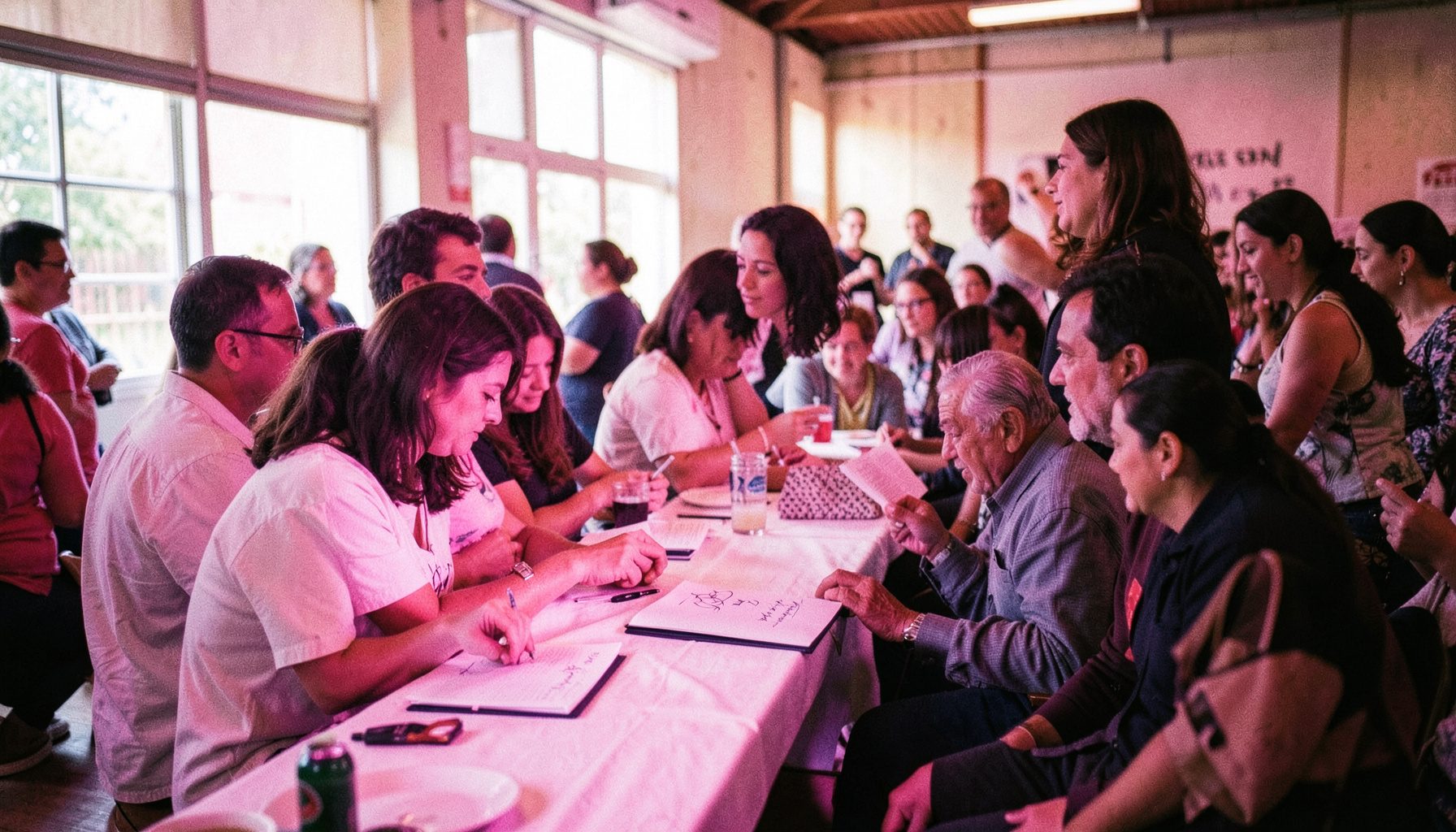 Sessão de autógrafos em evento cultural, com iluminação natural e ambiente descontraído