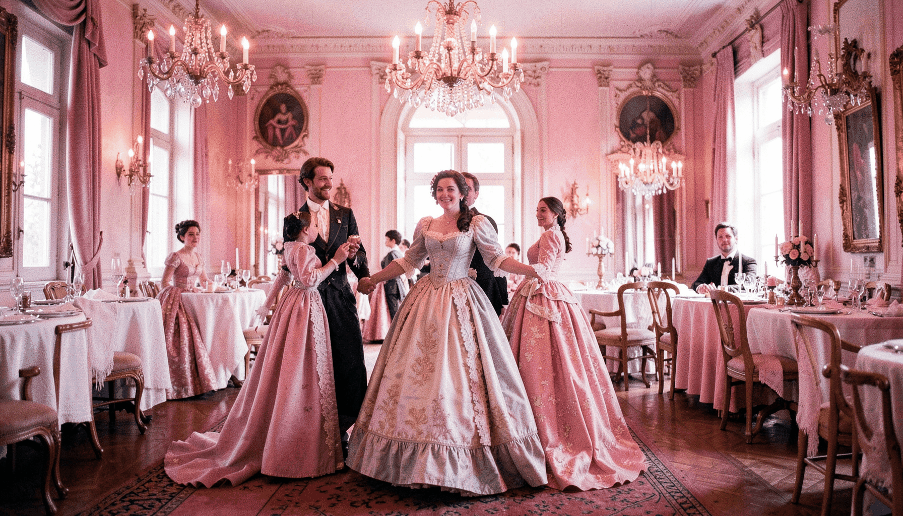 Salão de baile do período regência com tons pastel, candelabros e vestidos de época