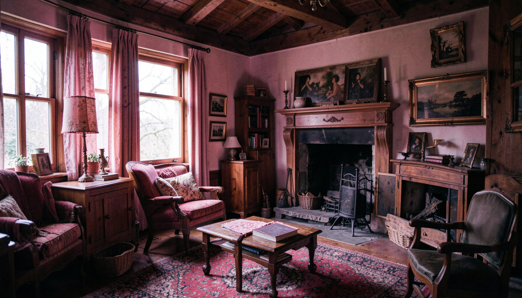 Interior de casa de campo inglesa com luz natural suave, tons de madeira e atmosfera serena