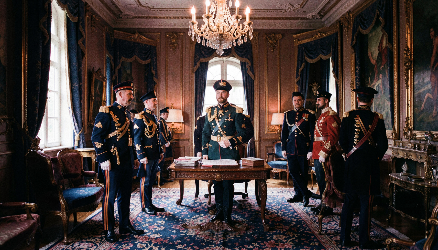 Salão formal do século XIX com uniformes militares, tons de azul-marinho e dourado