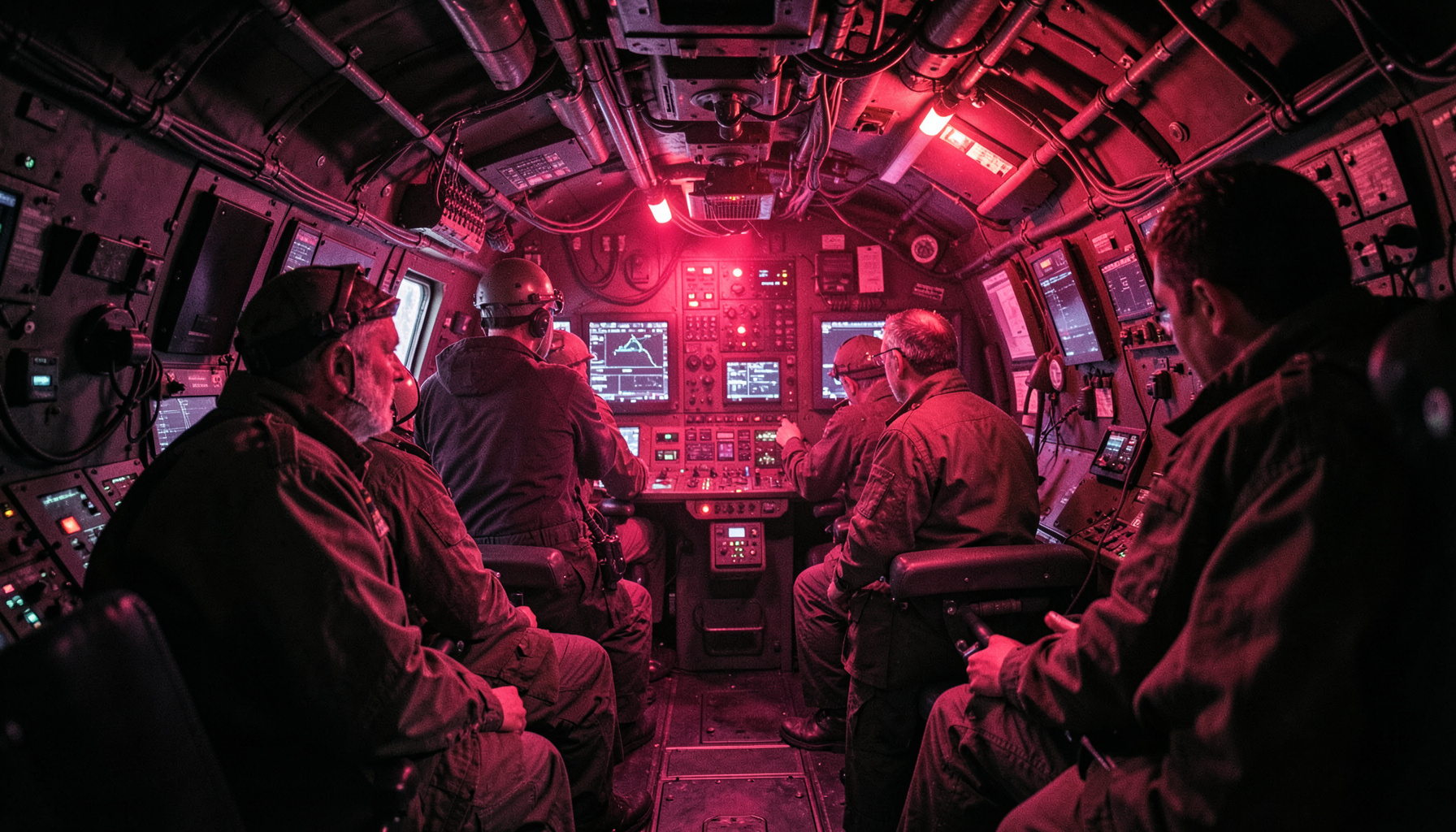 Interior de submarino militar com iluminação vermelha de alerta, painéis de controle e tripulação tensa