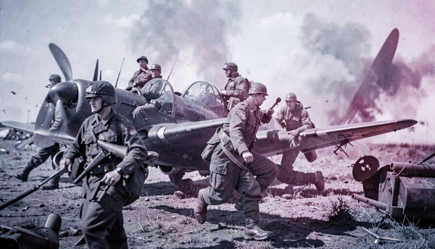 Cena dramática de guerra aérea com aviadores britânicos em tons sépia e azul-acinzentado